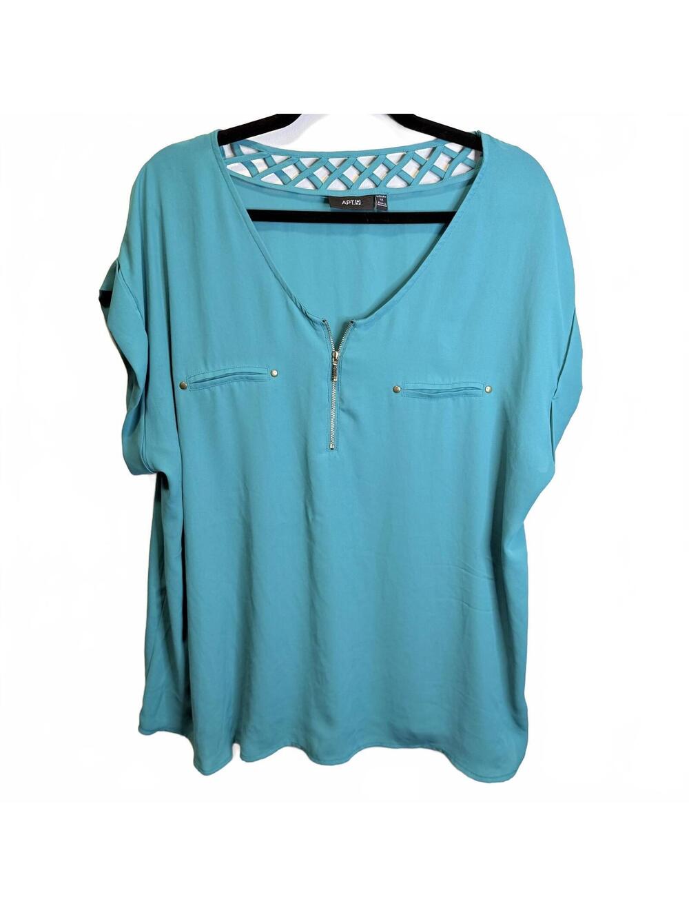 Apt. 9 1X Teal Zip Front Blouse Lattice Back Short Sleeve Plus Size Top